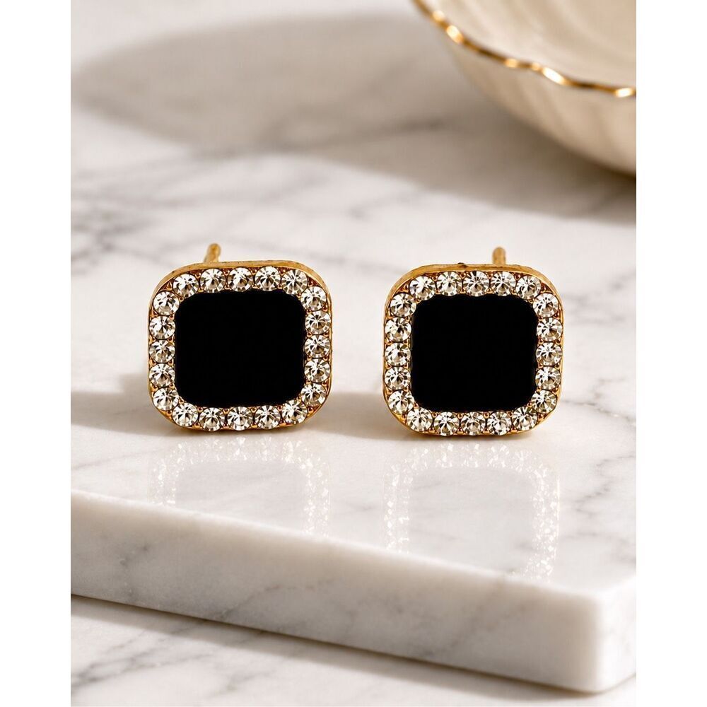 1920s Art Deco Style Square Stud Earrings Faux Onyx Crystal Halo
